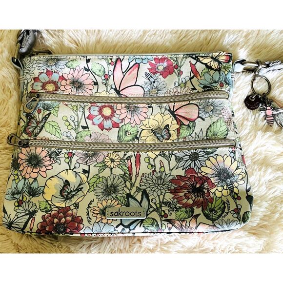 Sakroots Floral Crossbody Bag with ID Lanyard and Bee Keychain Boho Purse - Picture 1 of 15